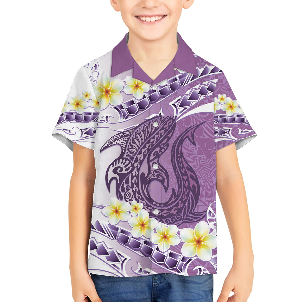 Purple Hawaii Shark Tattoo Family Matching Puletasi and Hawaiian Shirt Frangipani With Polynesian Pastel Version