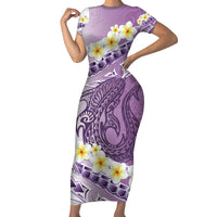 Purple Hawaii Shark Tattoo Family Matching Short Sleeve Bodycon Dress and Hawaiian Shirt Frangipani With Polynesian Pastel Version LT14 Mom's Dress Purple - Polynesian Pride