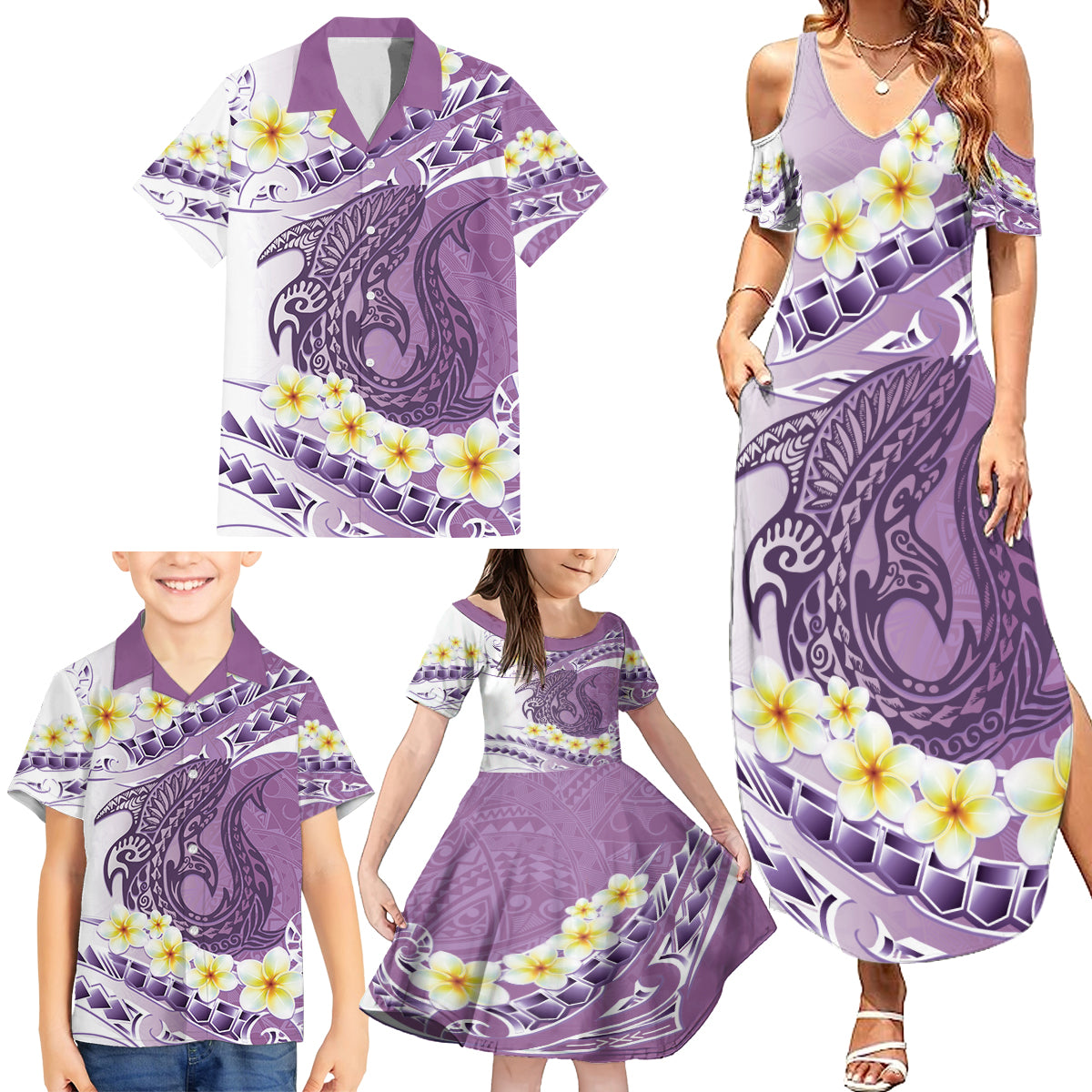 Purple Hawaii Shark Tattoo Family Matching Summer Maxi Dress and Hawaiian Shirt Frangipani With Polynesian Pastel Version LT14 - Polynesian Pride