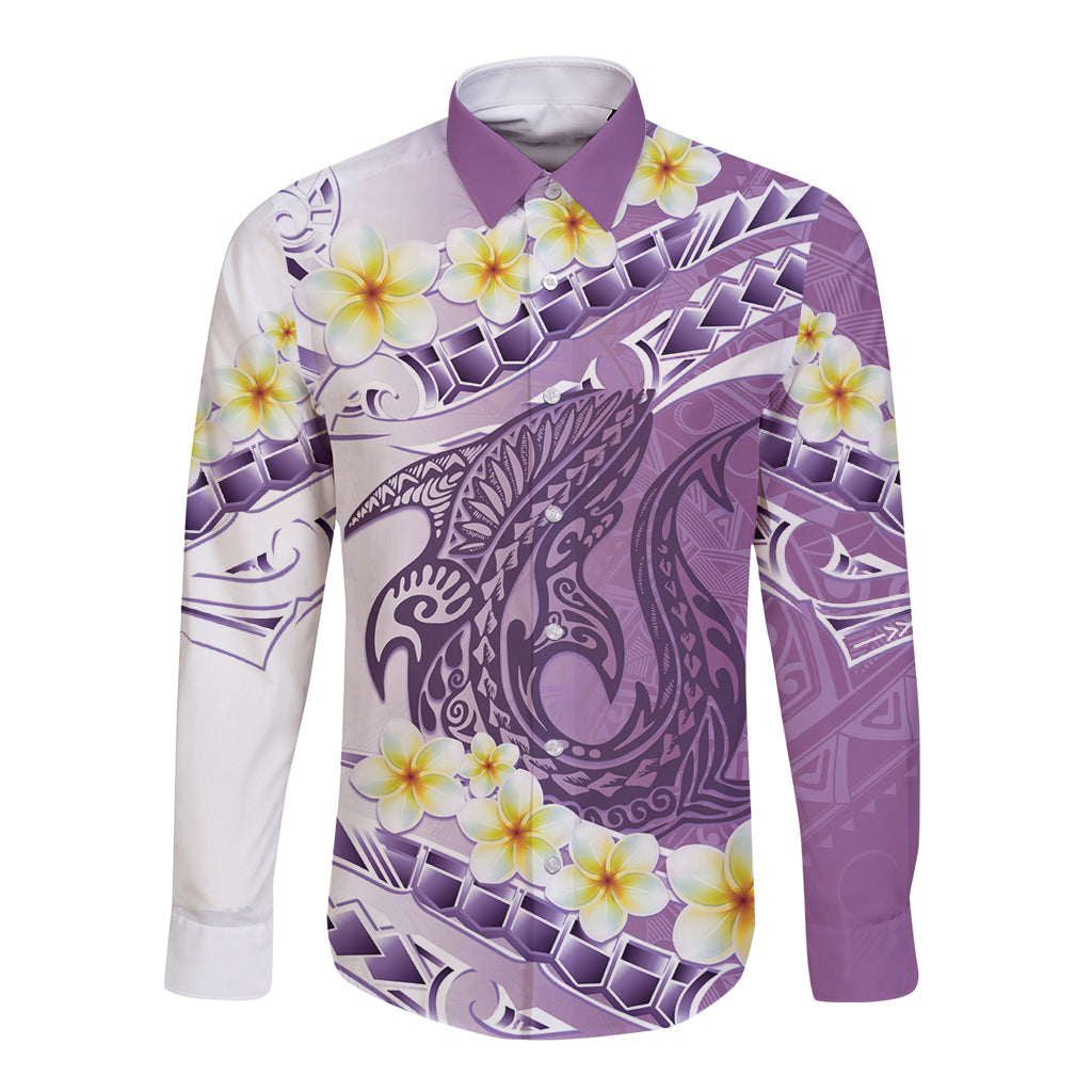 Purple Hawaii Shark Tattoo Long Sleeve Button Shirt Frangipani With Polynesian Pastel Version