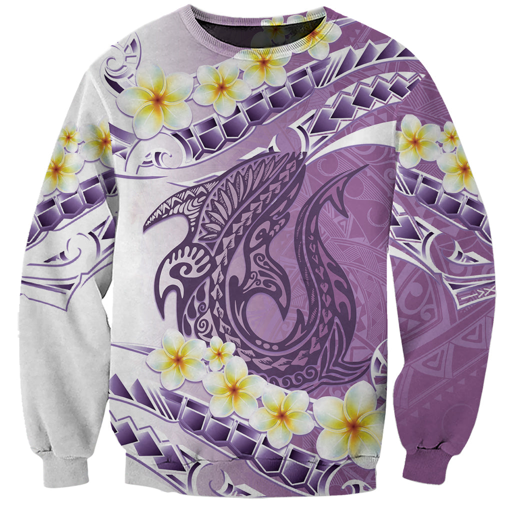 Purple Hawaii Shark Tattoo Sweatshirt Frangipani With Polynesian Pastel Version LT14 Unisex Purple - Polynesian Pride