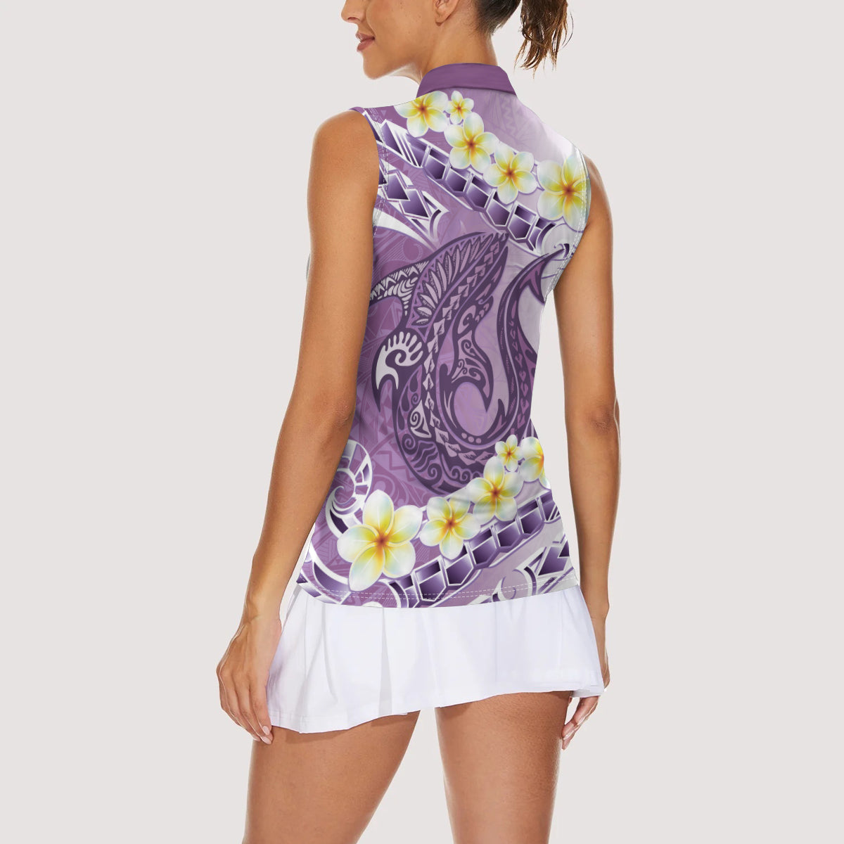 Purple Hawaii Shark Tattoo Women Sleeveless Polo Shirt Frangipani With Polynesian Pastel Version LT14 - Polynesian Pride