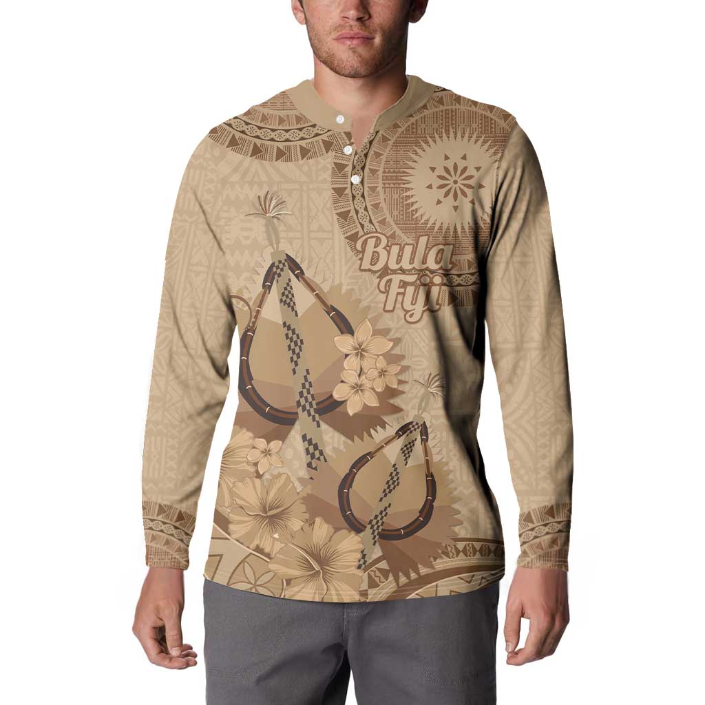 Brown Bula Fiji Button Sweatshirt Fijian Dance Fan Tapa Cloth Pattern