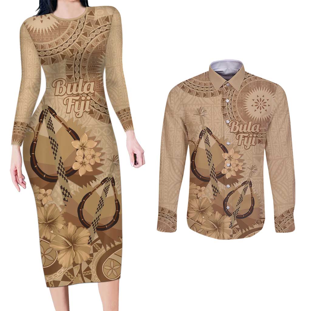 Brown Bula Fiji Couples Matching Long Sleeve Bodycon Dress and Long Sleeve Button Shirt Fijian Dance Fan Tapa Cloth Pattern LT14 Brown - Polynesian Pride