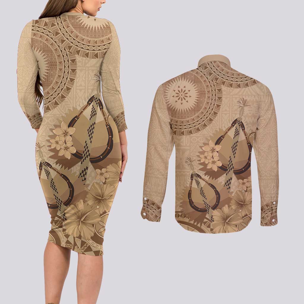 Brown Bula Fiji Couples Matching Long Sleeve Bodycon Dress and Long Sleeve Button Shirt Fijian Dance Fan Tapa Cloth Pattern LT14 - Polynesian Pride