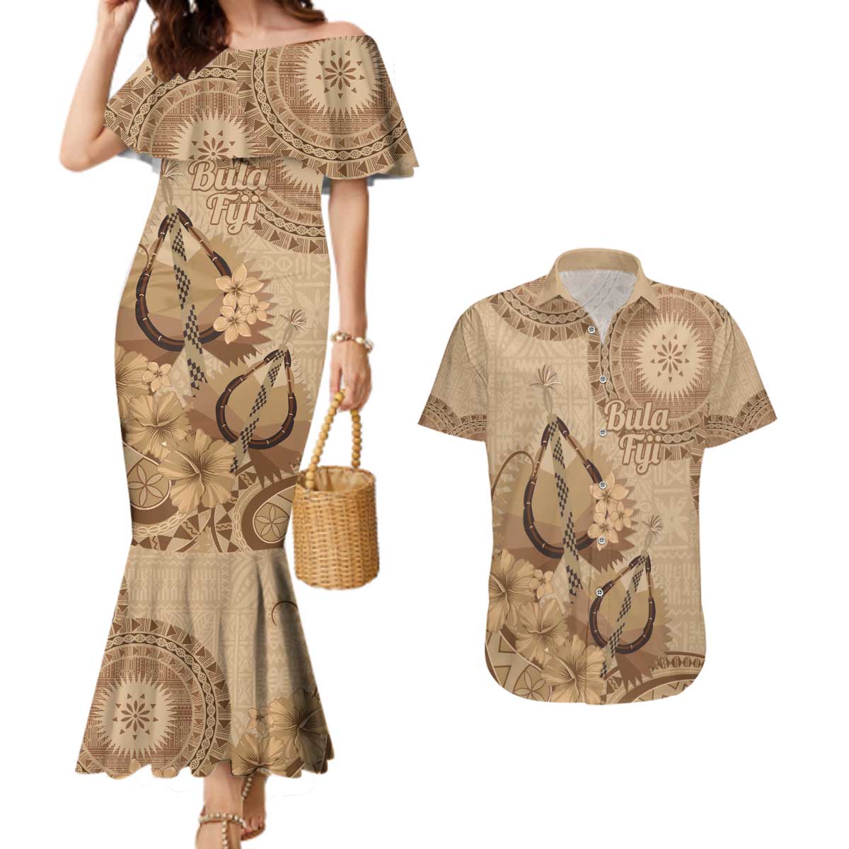 Brown Bula Fiji Couples Matching Mermaid Dress and Hawaiian Shirt Fijian Dance Fan Tapa Cloth Pattern