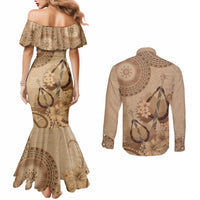 Brown Bula Fiji Couples Matching Mermaid Dress and Long Sleeve Button Shirt Fijian Dance Fan Tapa Cloth Pattern LT14 - Polynesian Pride