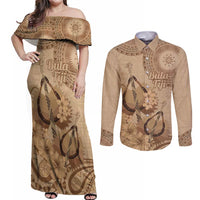 Brown Bula Fiji Couples Matching Off Shoulder Maxi Dress and Long Sleeve Button Shirt Fijian Dance Fan Tapa Cloth Pattern LT14 Brown - Polynesian Pride