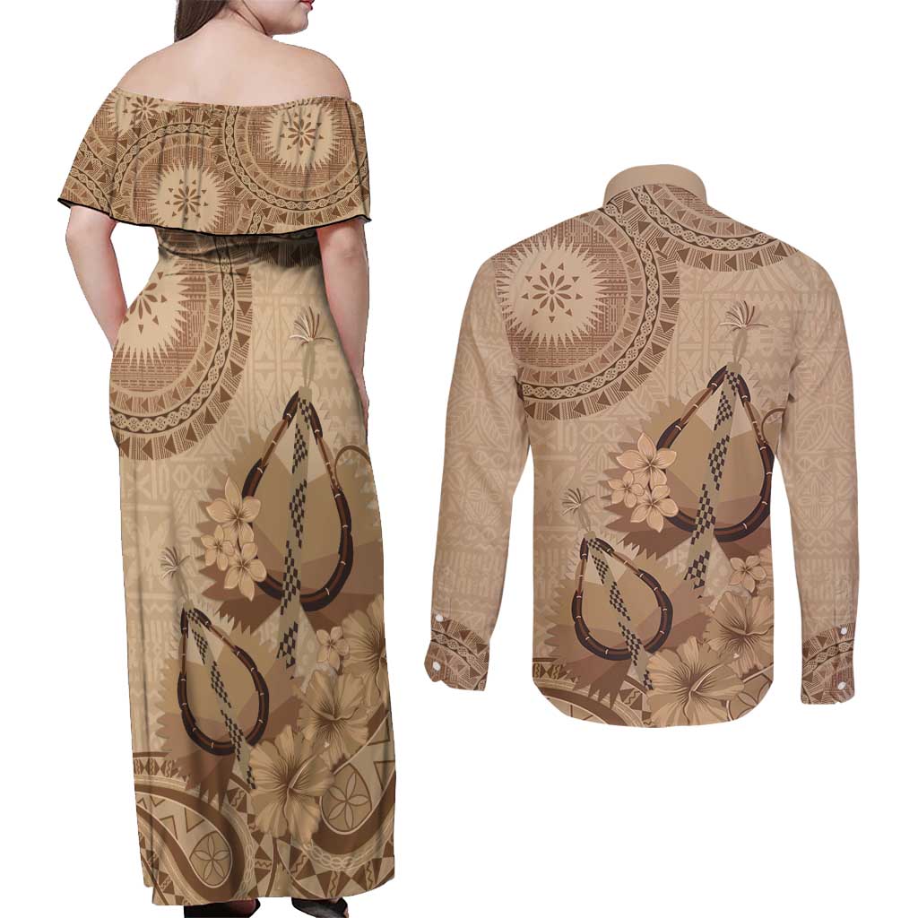 Brown Bula Fiji Couples Matching Off Shoulder Maxi Dress and Long Sleeve Button Shirt Fijian Dance Fan Tapa Cloth Pattern LT14 - Polynesian Pride