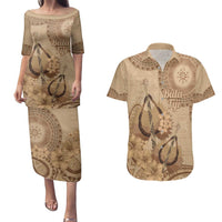 Brown Bula Fiji Couples Matching Puletasi and Hawaiian Shirt Fijian Dance Fan Tapa Cloth Pattern LT14 Brown - Polynesian Pride