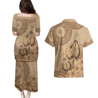 Brown Bula Fiji Couples Matching Puletasi and Hawaiian Shirt Fijian Dance Fan Tapa Cloth Pattern LT14 - Polynesian Pride