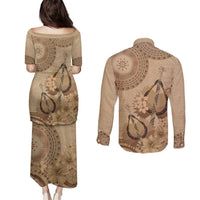 Brown Bula Fiji Couples Matching Puletasi and Long Sleeve Button Shirt Fijian Dance Fan Tapa Cloth Pattern LT14 - Polynesian Pride