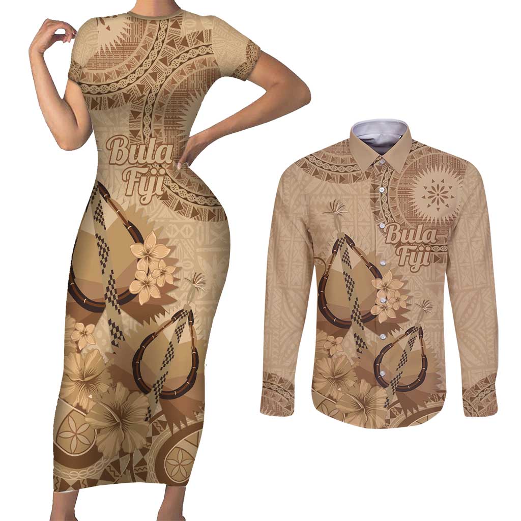 Brown Bula Fiji Couples Matching Short Sleeve Bodycon Dress and Long Sleeve Button Shirt Fijian Dance Fan Tapa Cloth Pattern LT14 Brown - Polynesian Pride