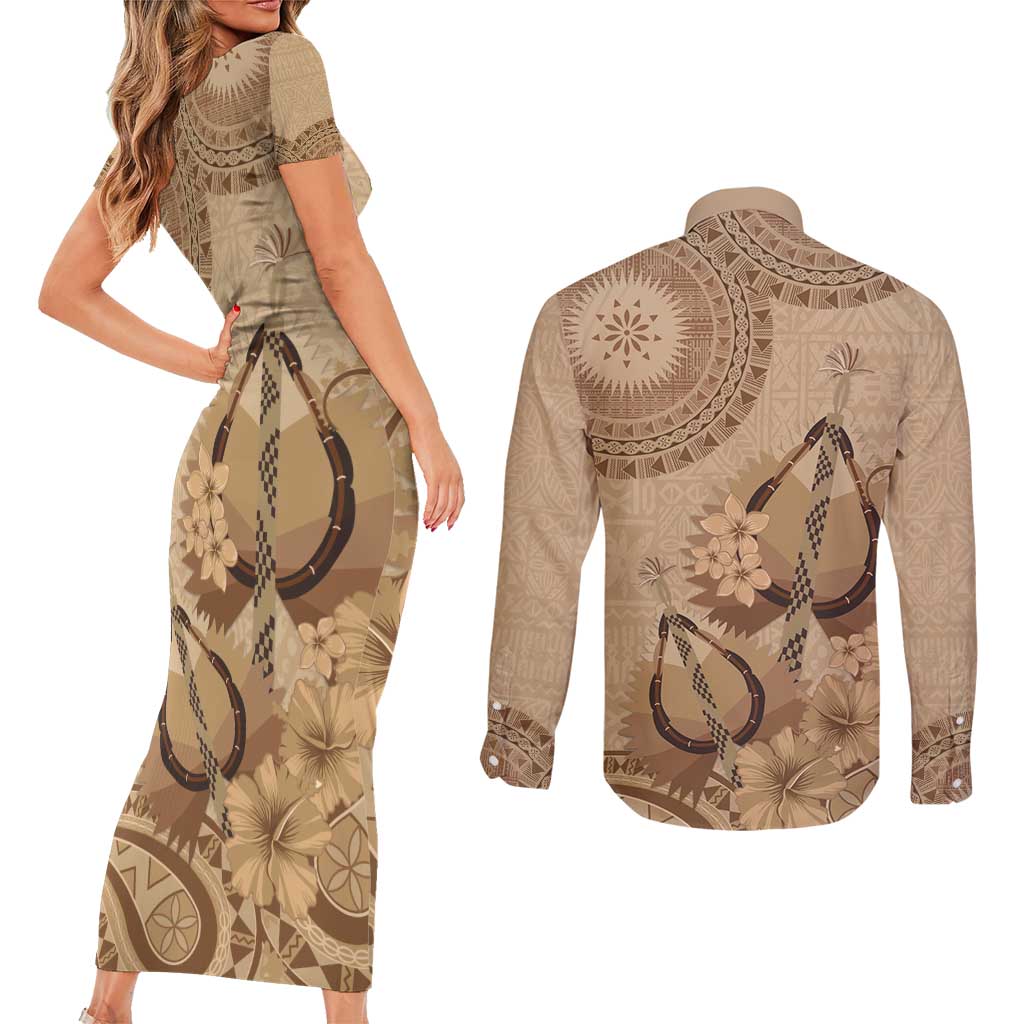 Brown Bula Fiji Couples Matching Short Sleeve Bodycon Dress and Long Sleeve Button Shirt Fijian Dance Fan Tapa Cloth Pattern LT14 - Polynesian Pride