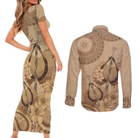 Brown Bula Fiji Couples Matching Short Sleeve Bodycon Dress and Long Sleeve Button Shirt Fijian Dance Fan Tapa Cloth Pattern LT14 - Polynesian Pride