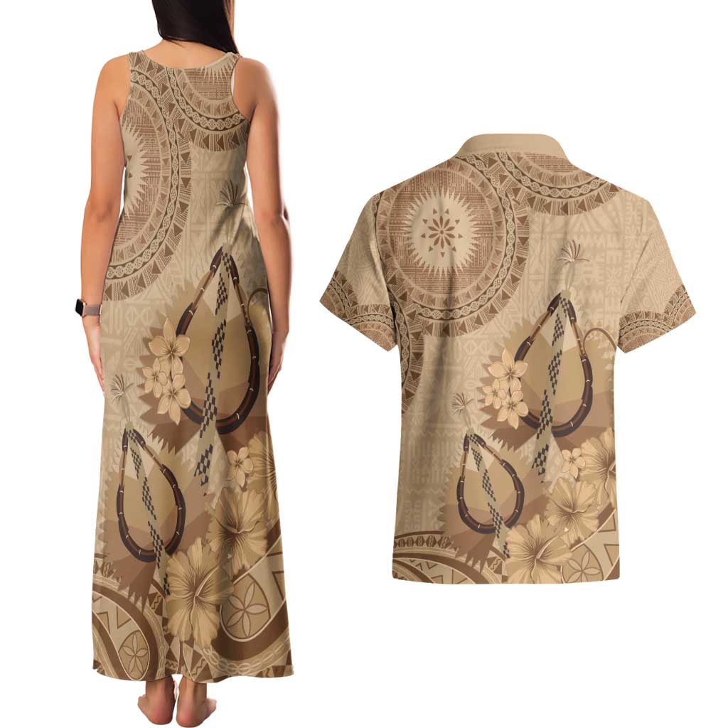 Brown Bula Fiji Couples Matching Tank Maxi Dress and Hawaiian Shirt Fijian Dance Fan Tapa Cloth Pattern