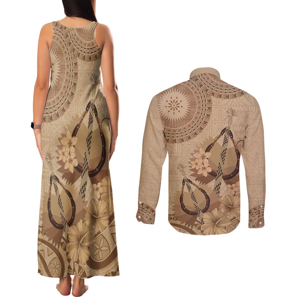 Brown Bula Fiji Couples Matching Tank Maxi Dress and Long Sleeve Button Shirt Fijian Dance Fan Tapa Cloth Pattern LT14 - Polynesian Pride
