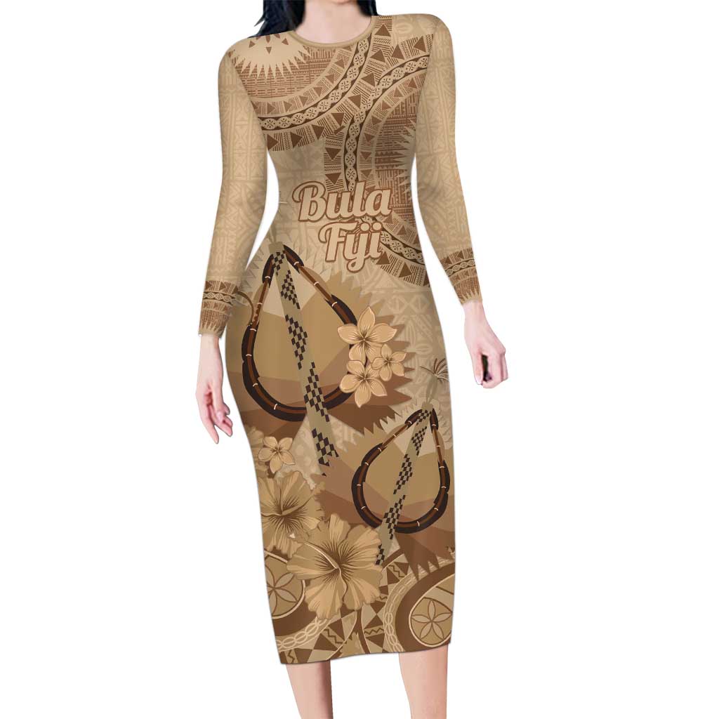 Brown Bula Fiji Family Matching Long Sleeve Bodycon Dress and Hawaiian Shirt Fijian Dance Fan Tapa Cloth Pattern LT14 Mom's Dress Brown - Polynesian Pride