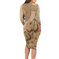 Brown Bula Fiji Family Matching Long Sleeve Bodycon Dress and Hawaiian Shirt Fijian Dance Fan Tapa Cloth Pattern LT14 - Polynesian Pride