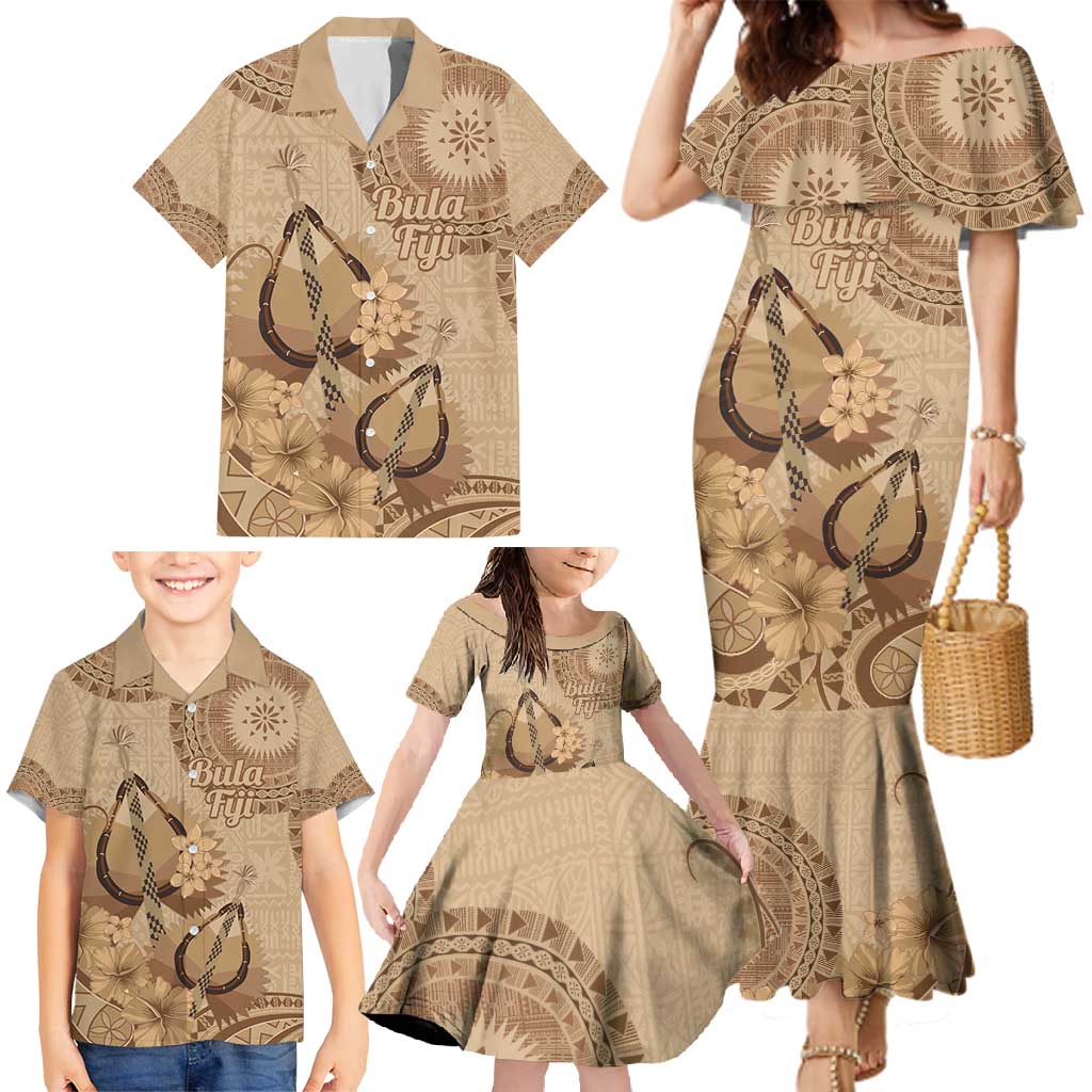 Brown Bula Fiji Family Matching Mermaid Dress and Hawaiian Shirt Fijian Dance Fan Tapa Cloth Pattern LT14 - Polynesian Pride
