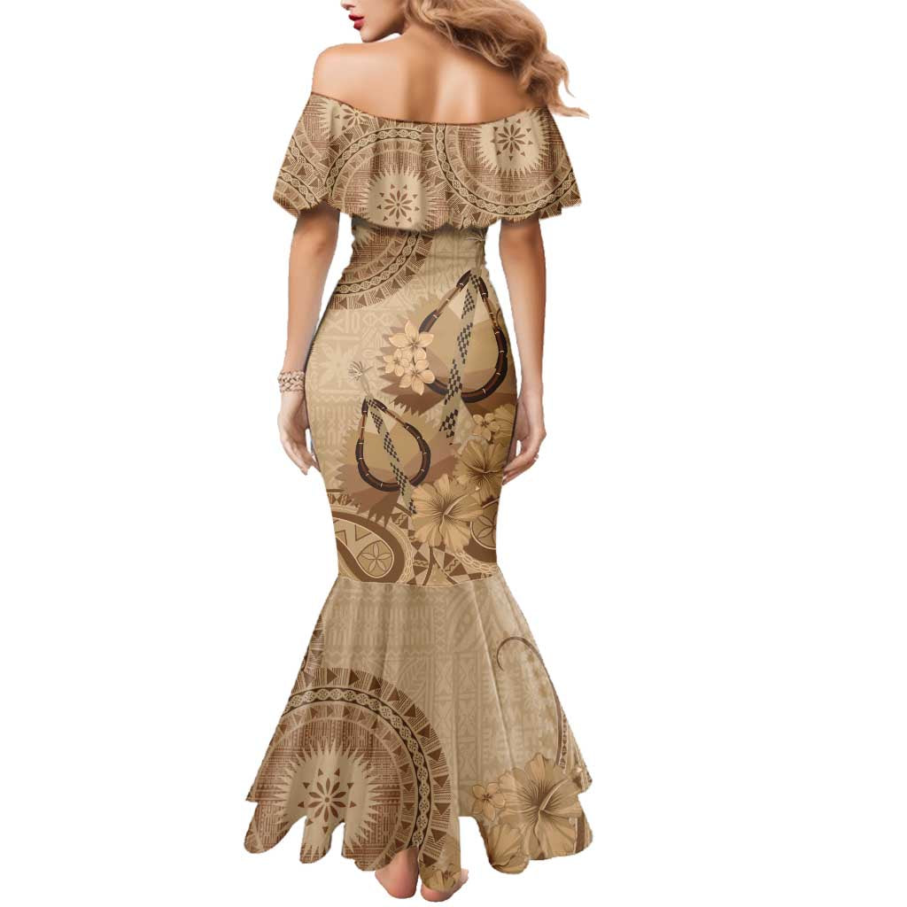 Brown Bula Fiji Family Matching Mermaid Dress and Hawaiian Shirt Fijian Dance Fan Tapa Cloth Pattern LT14 - Polynesian Pride