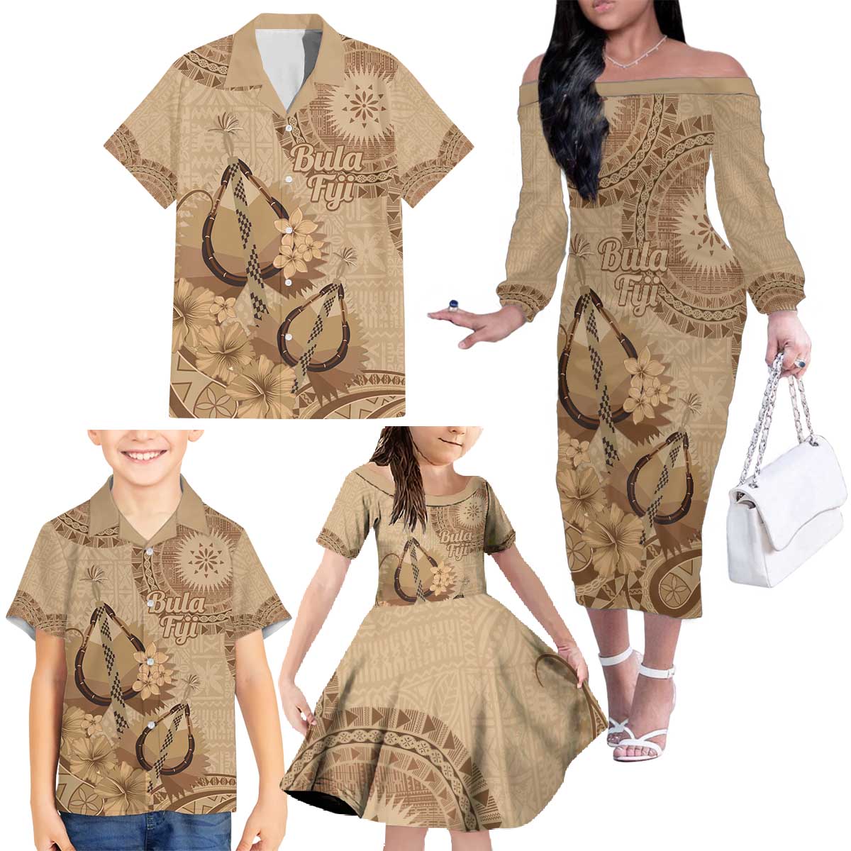 Brown Bula Fiji Family Matching Off The Shoulder Long Sleeve Dress and Hawaiian Shirt Fijian Dance Fan Tapa Cloth Pattern LT14 - Polynesian Pride