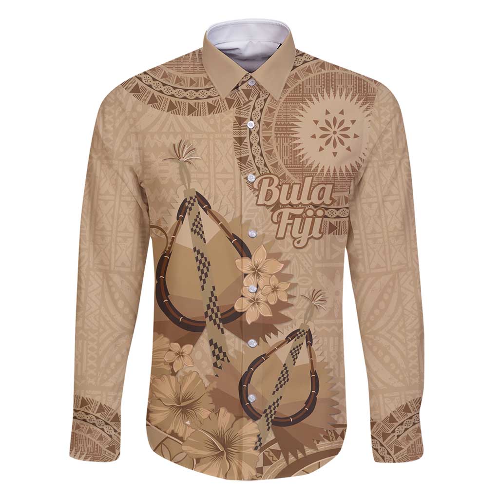 Brown Bula Fiji Family Matching Off Shoulder Maxi Dress and Hawaiian Shirt Fijian Dance Fan Tapa Cloth Pattern LT14 Dad's Shirt - Long Sleeve Brown - Polynesian Pride