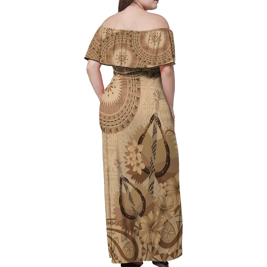 Brown Bula Fiji Family Matching Off Shoulder Maxi Dress and Hawaiian Shirt Fijian Dance Fan Tapa Cloth Pattern LT14 - Polynesian Pride