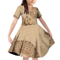 Brown Bula Fiji Family Matching Off Shoulder Short Dress and Hawaiian Shirt Fijian Dance Fan Tapa Cloth Pattern LT14 Daughter's Dress Brown - Polynesian Pride