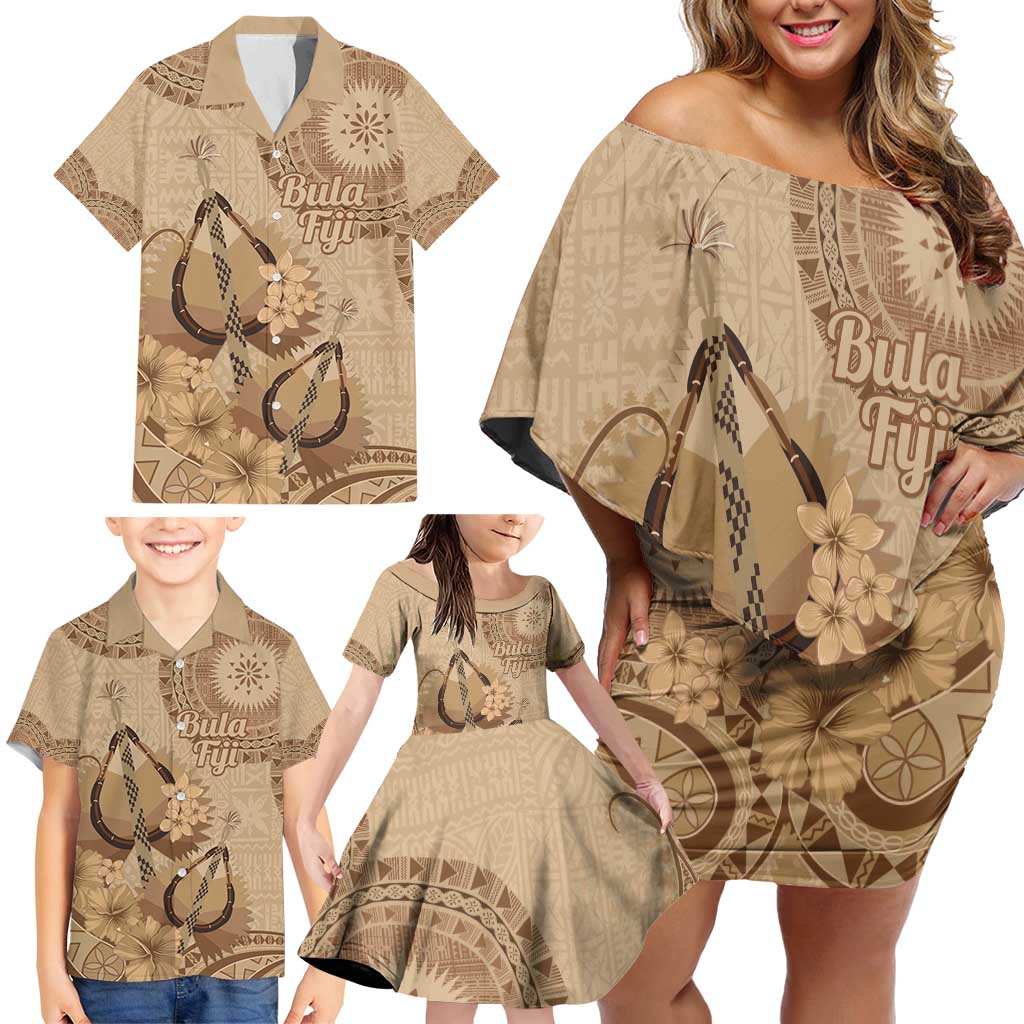 Brown Bula Fiji Family Matching Off Shoulder Short Dress and Hawaiian Shirt Fijian Dance Fan Tapa Cloth Pattern LT14 - Polynesian Pride