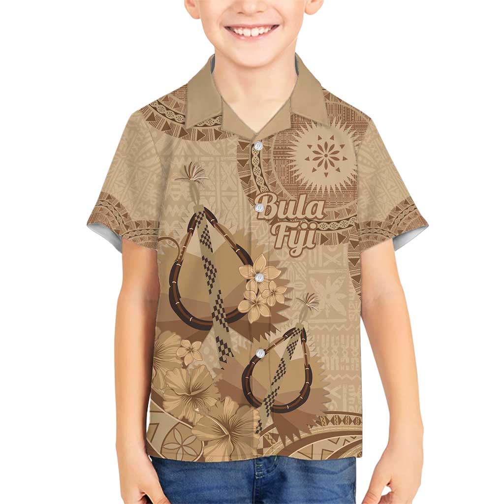 Brown Bula Fiji Family Matching Off Shoulder Short Dress and Hawaiian Shirt Fijian Dance Fan Tapa Cloth Pattern LT14 Son's Shirt Brown - Polynesian Pride