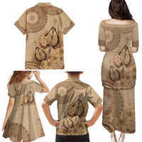 Brown Bula Fiji Family Matching Puletasi and Hawaiian Shirt Fijian Dance Fan Tapa Cloth Pattern LT14 - Polynesian Pride