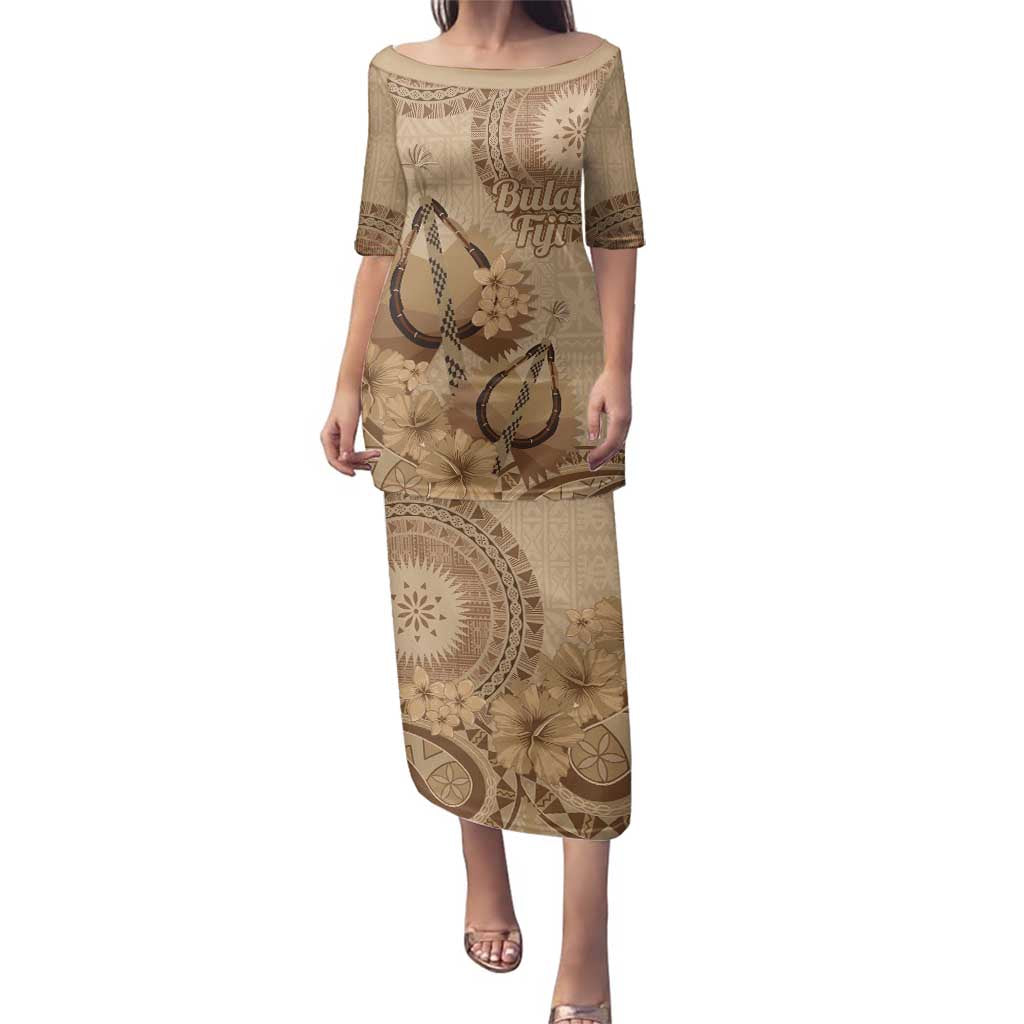 Brown Bula Fiji Family Matching Puletasi and Hawaiian Shirt Fijian Dance Fan Tapa Cloth Pattern LT14 Mom's Dress Brown - Polynesian Pride