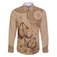 Brown Bula Fiji Family Matching Summer Maxi Dress and Hawaiian Shirt Fijian Dance Fan Tapa Cloth Pattern LT14 Dad's Shirt - Long Sleeve Brown - Polynesian Pride