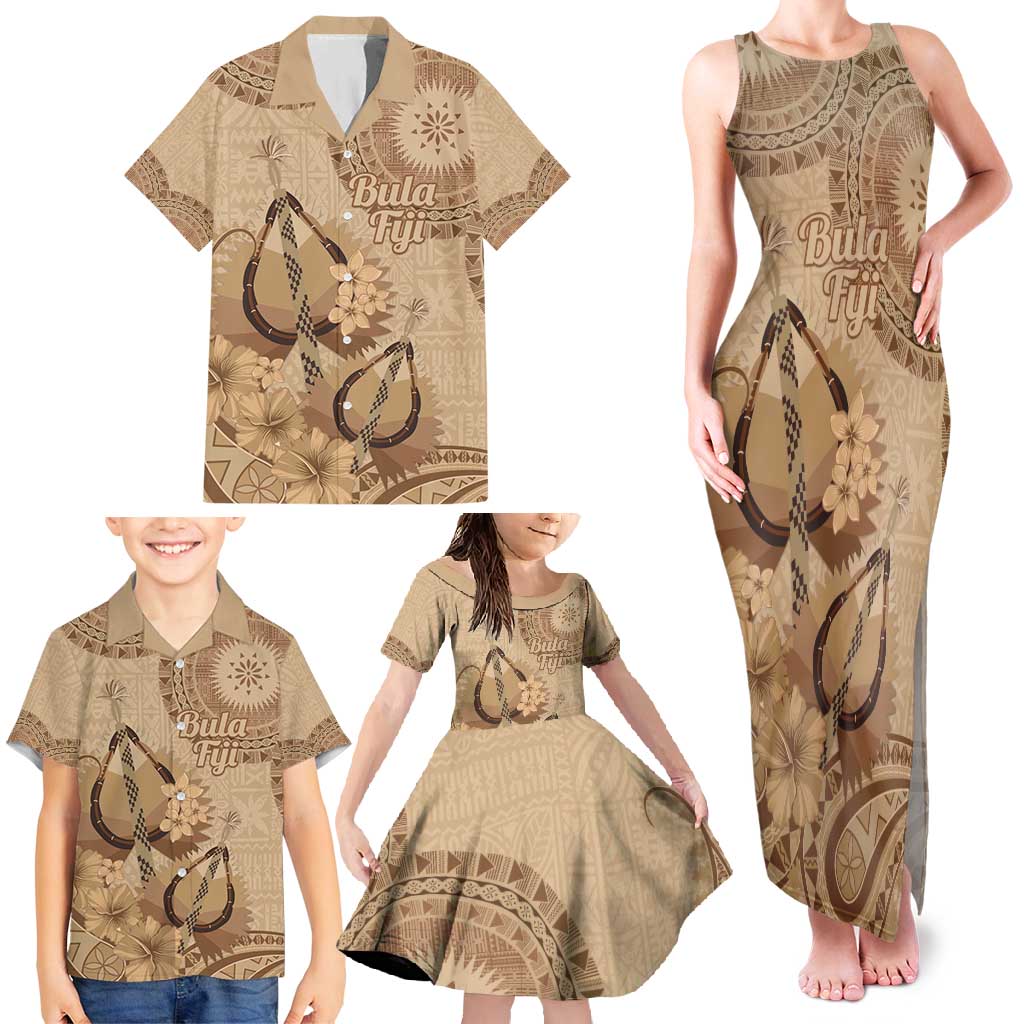 Brown Bula Fiji Family Matching Tank Maxi Dress and Hawaiian Shirt Fijian Dance Fan Tapa Cloth Pattern LT14 - Polynesian Pride