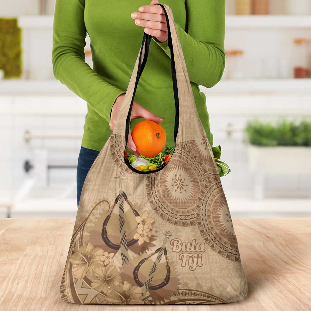 Brown Bula Fiji Grocery Bag Fijian Dance Fan Tapa Cloth Pattern