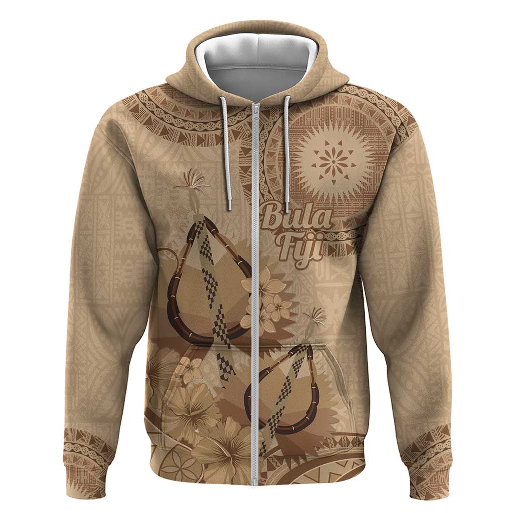 Brown Bula Fiji Hoodie Fijian Dance Fan Tapa Cloth Pattern LT14 Zip Hoodie Brown - Polynesian Pride