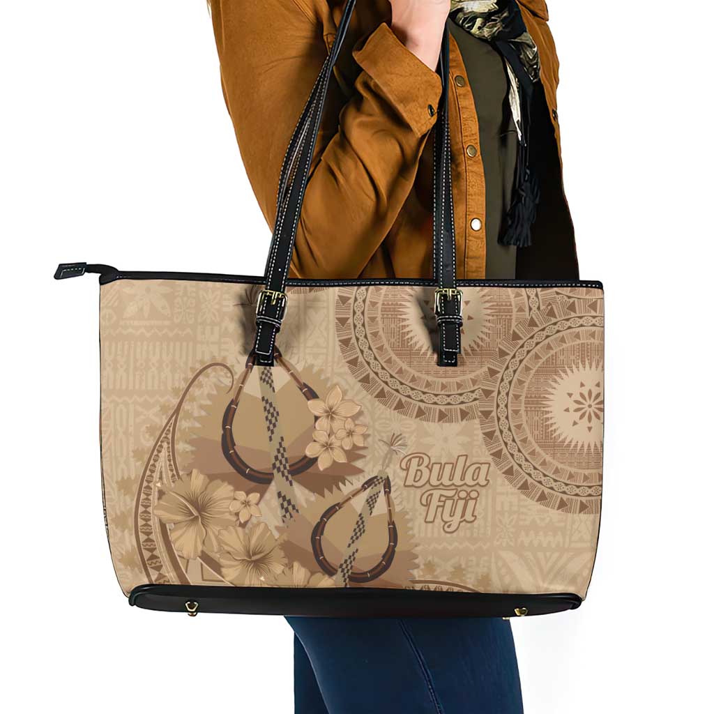 Brown Bula Fiji Leather Tote Bag Fijian Dance Fan Tapa Cloth Pattern