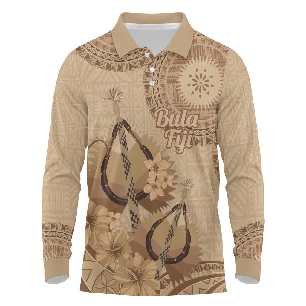 Brown Bula Fiji Long Sleeve Polo Shirt Fijian Dance Fan Tapa Cloth Pattern LT14 Brown - Polynesian Pride