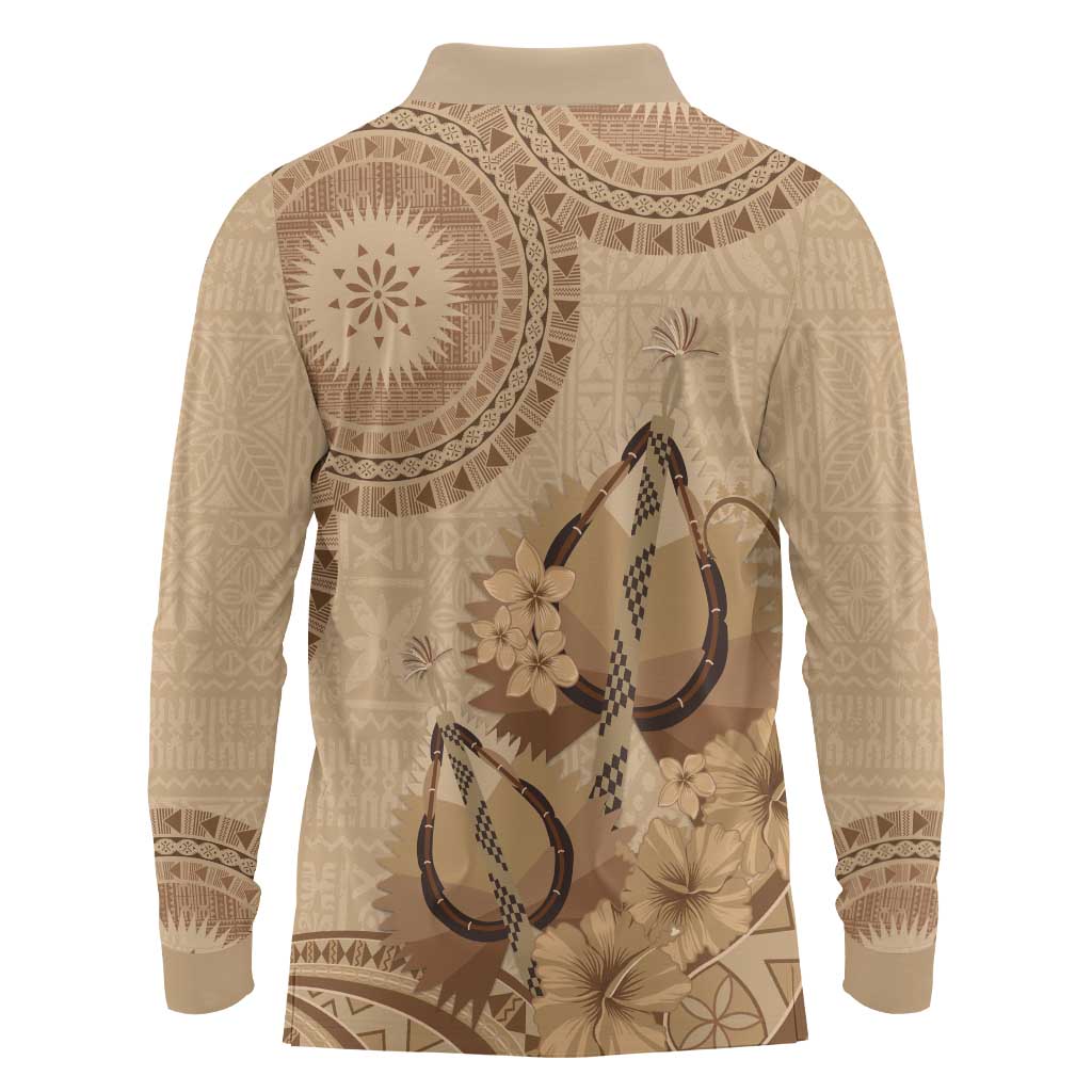 Brown Bula Fiji Long Sleeve Polo Shirt Fijian Dance Fan Tapa Cloth Pattern