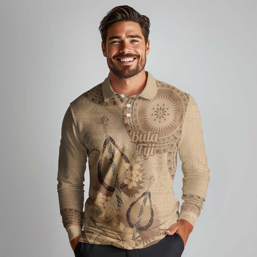 Brown Bula Fiji Long Sleeve Polo Shirt Fijian Dance Fan Tapa Cloth Pattern