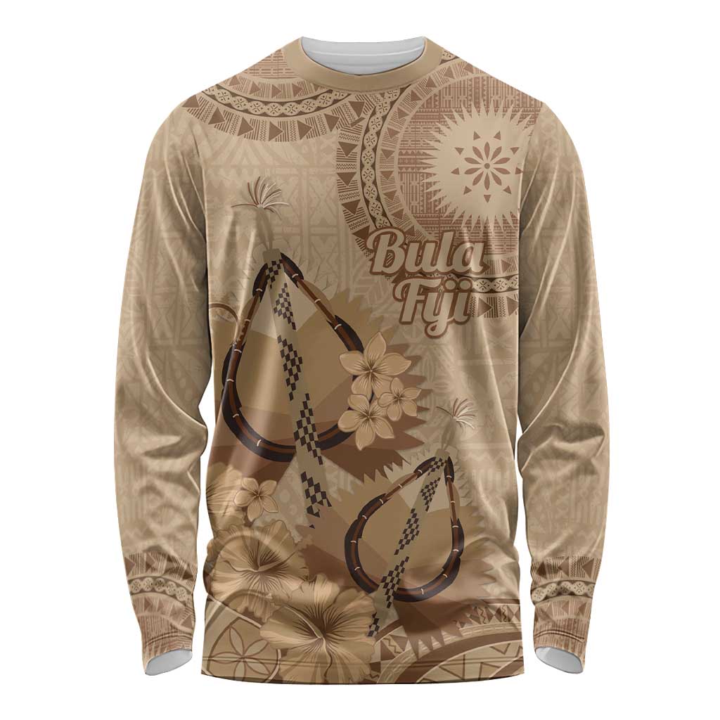 Brown Bula Fiji Long Sleeve Shirt Fijian Dance Fan Tapa Cloth Pattern