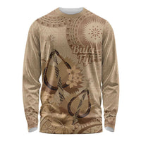 Brown Bula Fiji Long Sleeve Shirt Fijian Dance Fan Tapa Cloth Pattern