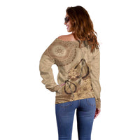 Brown Bula Fiji Off Shoulder Sweater Fijian Dance Fan Tapa Cloth Pattern
