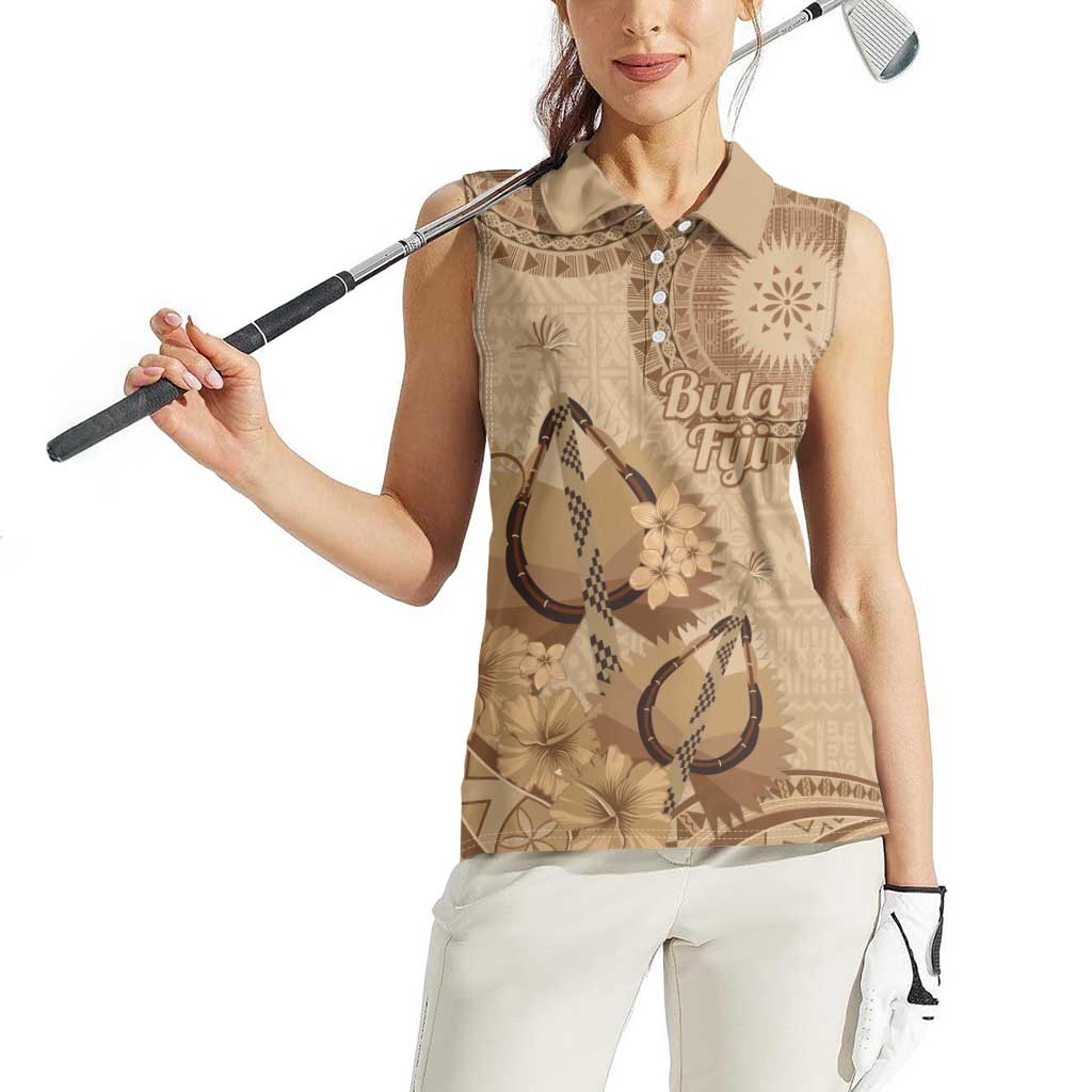 Brown Bula Fiji Women Sleeveless Polo Shirt Fijian Dance Fan Tapa Cloth Pattern LT14 - Polynesian Pride