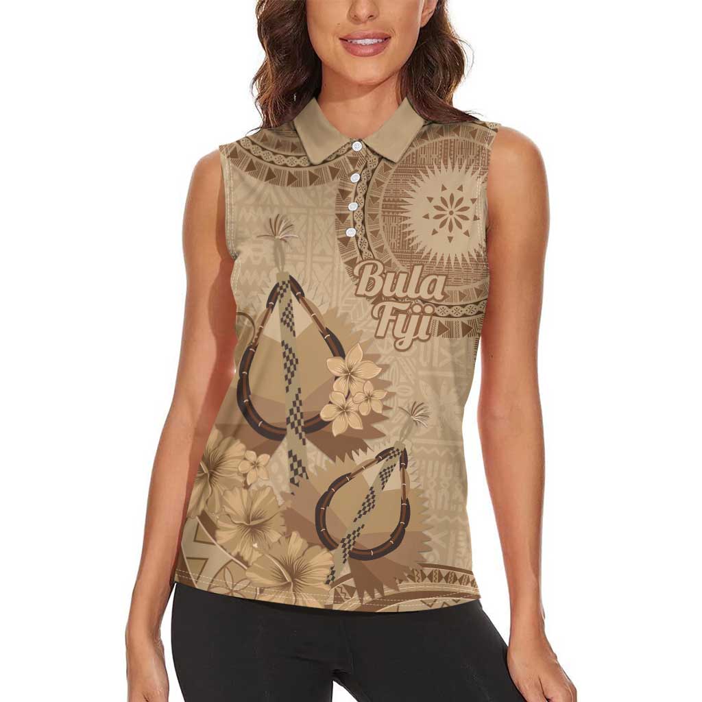 Brown Bula Fiji Women Sleeveless Polo Shirt Fijian Dance Fan Tapa Cloth Pattern LT14 - Polynesian Pride