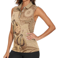 Brown Bula Fiji Women Sleeveless Polo Shirt Fijian Dance Fan Tapa Cloth Pattern LT14 - Polynesian Pride