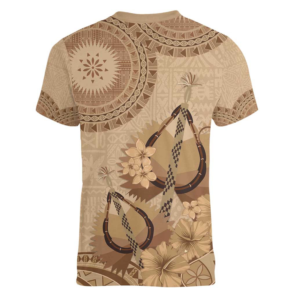 Brown Bula Fiji Women V-Neck T-Shirt Fijian Dance Fan Tapa Cloth Pattern LT14 - Polynesian Pride