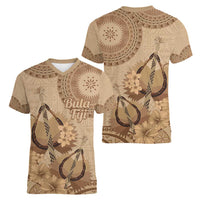 Brown Bula Fiji Women V-Neck T-Shirt Fijian Dance Fan Tapa Cloth Pattern LT14 - Polynesian Pride