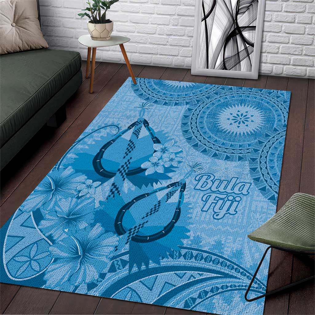 Blue Bula Fiji Area Rug Fijian Dance Fan Tapa Cloth Pattern
